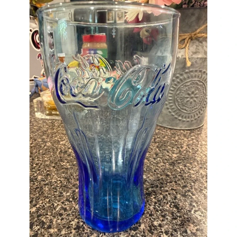 Vtg Coca-Cola Rare Cobalt Blue Ribbed Contour Shape Glasses with Embossed Script